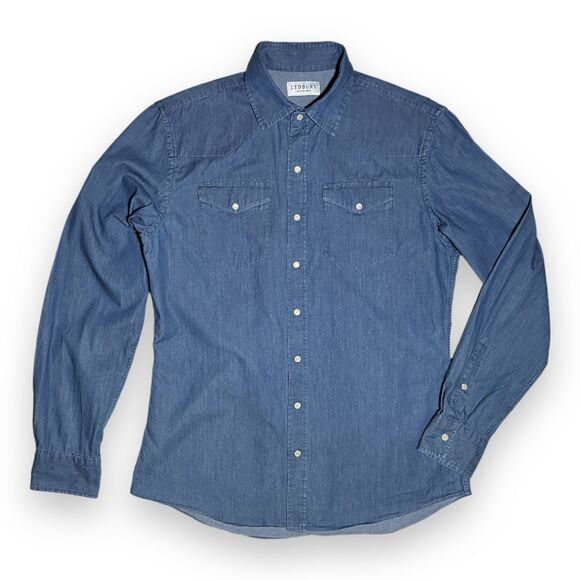 Ledbury Denim Blue Charlap Western Shirt Pearl Snap Sz 16 Tailored Fit M-L - Picture 9 of 12